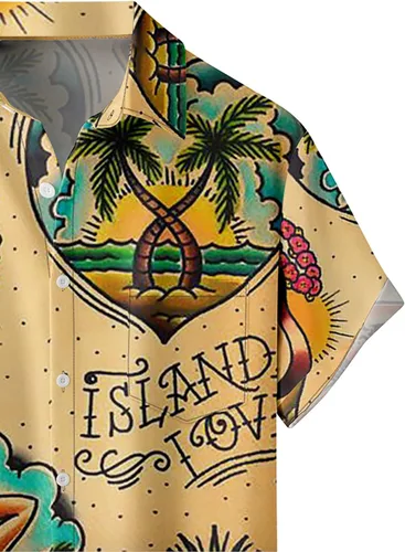 Vista 4 de Camisas tropicales con botones para hombre, camisas hawaianas de manga corta, casuales para vacaciones, camisas de playa holgadas Beige-playa escena