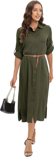 Vista 7 de ETOSELL Vestido largo de manga enrollada con botones y abertura para mujer, elegante, casual, con cinturón