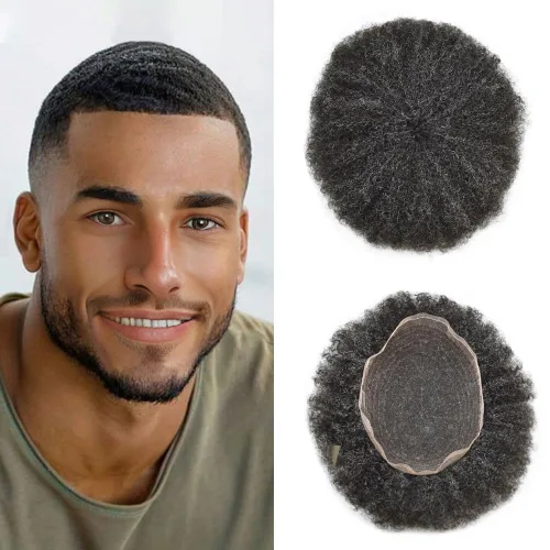 Vista 23 de Peluca de encaje suizo rizado afro para hombre, sistema de repuesto de peluca de encaje completo, extensiones duraderas de cabello humano #1 Negro