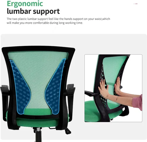 Vista 7 de Silla de oficina ergonómica de malla, silla de computadora con soporte lumbar, reposabrazos de respaldo medio, giratoria, ajustable, para mujeres