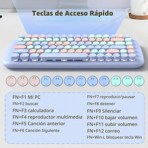 Vista 5 de Lomiluskr Lindo teclado mecánico con cable colorido para niñas y niños, teclas redondas, 84 teclas compactas, 10 efectos de iluminación Azul