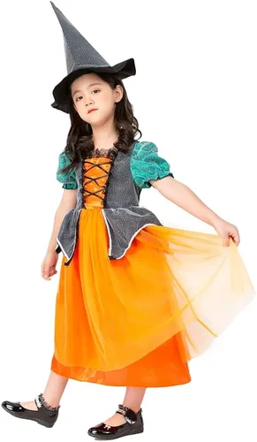 Vista 4 de Halloween Costumes for Girls Kids Pumpkin Witch Dress with Hat Toddler PrincessClothes Outfits Child Teen Orange Set Gift