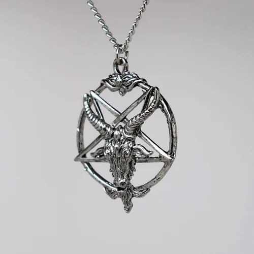 Vista 6 de Baphomet - Collar con colgante de cabeza de cabra de peltre con acabado plateado con pentáculo invertido, Metal