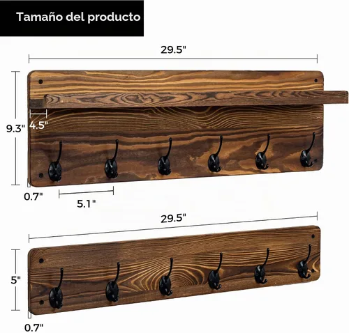 Vista 5 de Perchero de pared de 29.5 pulgadas de ancho con estante, estante de pasillo con 12 ganchos para abrigos, perchas para pared, perchero para clavijas