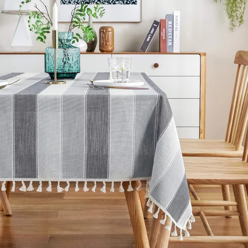 Vista 10 de AmHoo Mantel rectangular con borlas a rayas para mesa de cocina y comedor, 55 x 55 pulgadas, color verde azulado