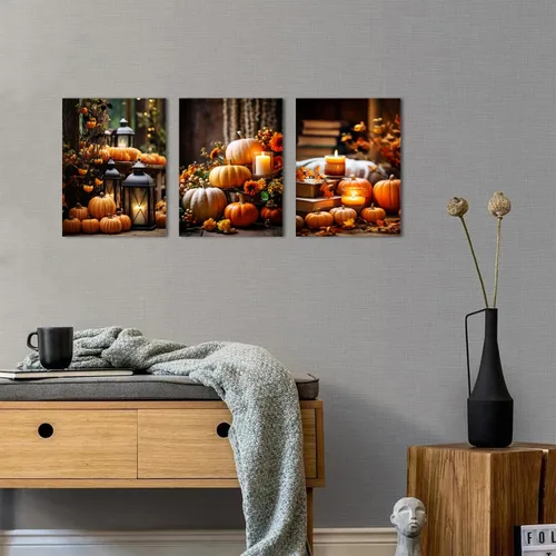 Vista 4 de Arte de pared de calabaza de granja, decoración de pared de otoño para cocina, comedor, decoración rústica de Halloween, impresiones en lienzo