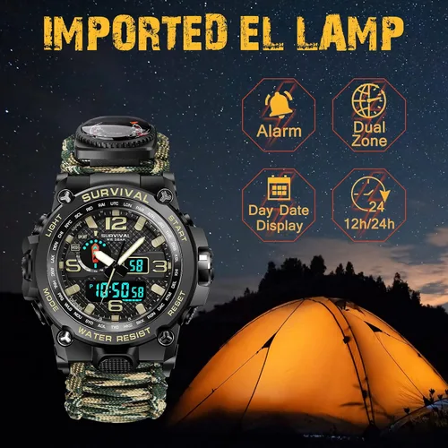 Vista 5 de Kavie Reloj táctico militar 23 en 1 para hombre, multifuncional, resistente al agua, para exteriores, con brújula, silbato, iniciador de fuego