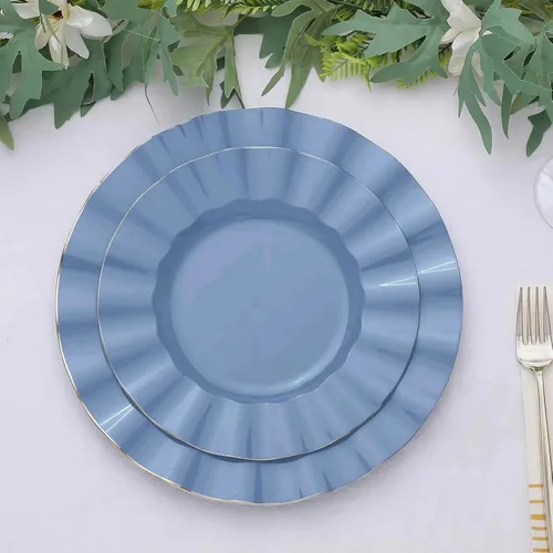 Vista 30 de Efavormart 10 Pack Platos redondos de plástico negro de 6" para postre y ensalada, platos desechables para aperitivos con borde ondulado dorado