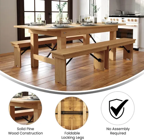 Vista 4 de Flash Furniture HERCULES Mesa de Granja Plegable Rectangular de Pino Macizo Rústico Antiguo de 7' x 40", Color Natural Claro