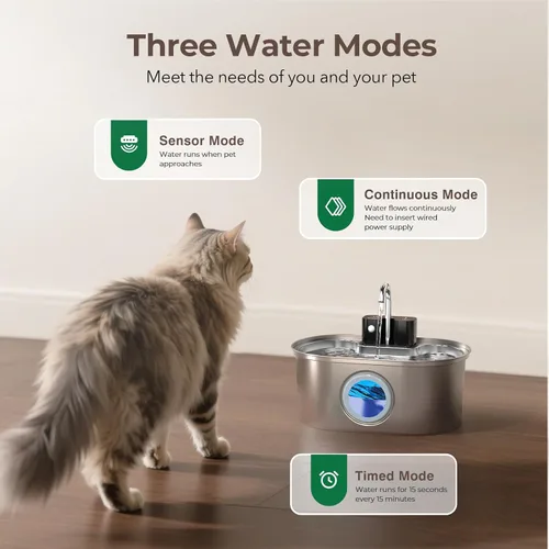 Vista 8 de PEKTACO Fuente de agua inalámbrica para gatos de acero inoxidable, de 108 oz/3.2 L, fuente de agua para mascotas sin cables operada por batería