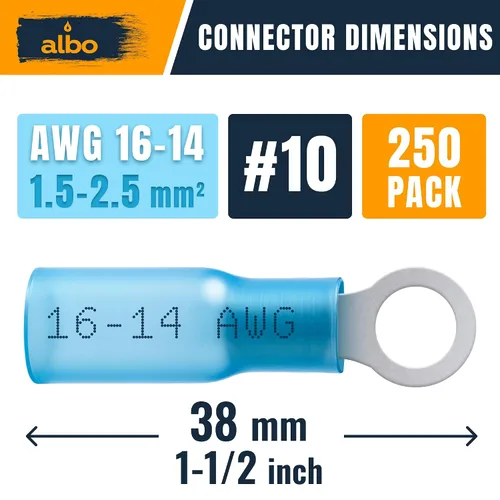 Vista 2 de ALBO Kit de terminales de anillo termorretráctil azul #10 de 250 piezas - Surtido de conectores de terminales de cable de 16-14 AWG, conectores