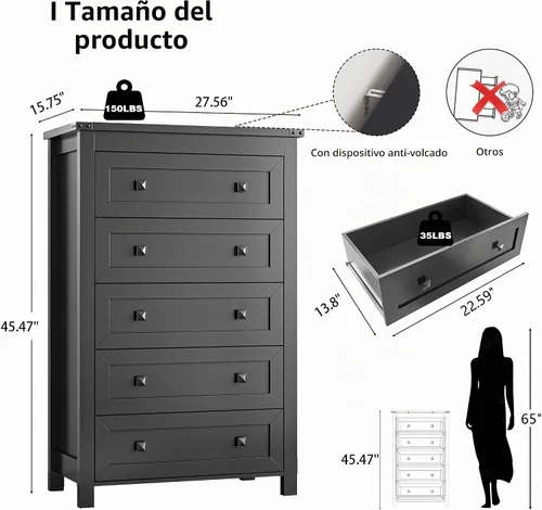 Vista 2 de Xixini - Cómoda para dormitorio con 5 cajones, cómoda alta de madera, organizador moderno de ropa estilo granja, gabinete de almacenamiento con asas