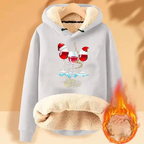 Vista 3 de Sudaderas con capucha para mujer, diseño de copas de vino, con forro polar y forro de sherpa