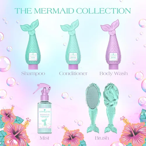 Vista 8 de Glimmer Wish Acondicionador Mermaid Kids sin parabenos ni sulfatos para cabello fuerte y liso, cuidado del cabello de los niños, aroma tropical