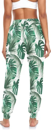 Vista 2 de Flamingos - Pantalones de flores tropicales para mujer, pantalones deportivos de cintura alta, pantalones de harén para mujer, cómodos pantalones
