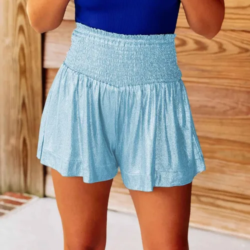 Vista 4 de Pantalones cortos deportivos, elásticos, ligeros, con purpurina, sueltos, acampanados, de cintura alta, para mujer, pantalones de tiro alto, SL2.