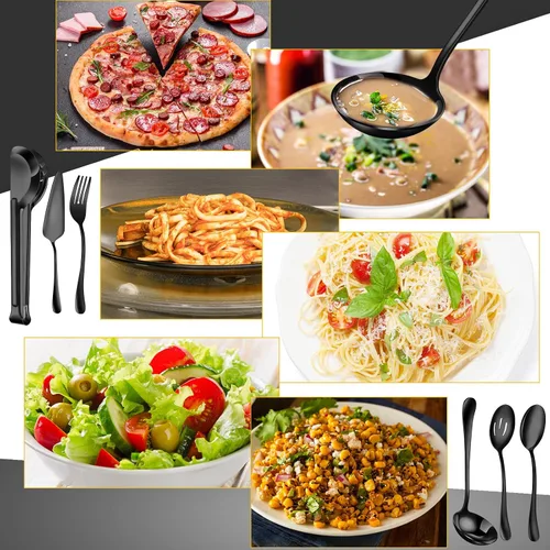 Vista 5 de Thenshop Juego de 30 utensilios de servir de acero inoxidable que incluye cucharas grandes, cucharas ranuradas, tenedores, cucharón de sopa, tarta