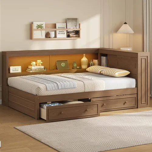 Vista 11 de SOFTSEA Sofá cama esquinera de tamaño matrimonial con nido y estantería, sofá cama en forma de L con luces LED y puertos USB, marco de cama Antique