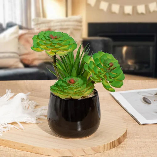 Vista 3 de Briful Plantas suculentas artificiales en maceta de cerámica, suculentas falsas con macetas negras, decoración moderna de escritorio para el hogar