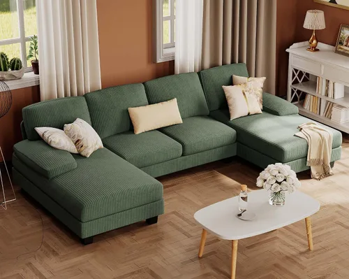 Vista 13 de Furmax - Sofás seccionales para sala de estar, sofá en forma de U con tela de lino, juego de sofá de 4 plazas con doble chaise para apartamento Beige