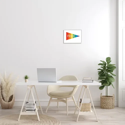 Vista 2 de Stupell Industries Orgullo Frase Rainbow Stripe Triangular Banderín en forma de banderín, diseñado por arte de pared enmarcado blanco con letras