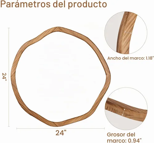 Vista 6 de ULIKE Espejo redondo irregular de madera de 24 pulgadas, espejo de pared Un marrón rústico