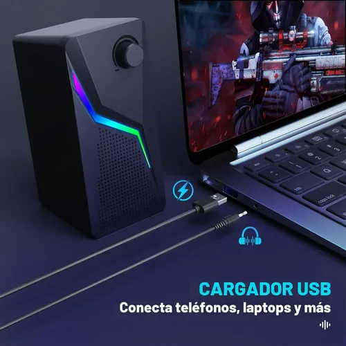 Vista 7 de Altavoces de computadora para PC de escritorio, alimentados por USB con conexión AUX, 6 modos de iluminación RGB, control de perilla de volumen