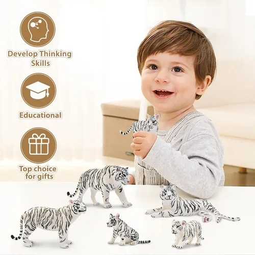 Vista 7 de Toymany 6 figuras realistas de tigres blancos con cachorros de tigre, figuras familiares de animales de la selva de 2 a 6 pulgadas, incluye tigres