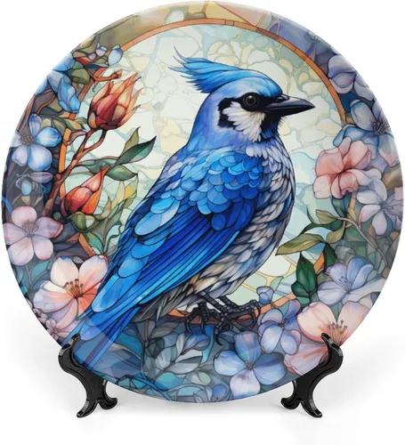 Vista 8 de Platos decorativos, pájaro azul y flores, vitrales, para el hogar, oficina, cocina, decoración de mesa, platos de porcelana de 6 pulgadas, regalos
