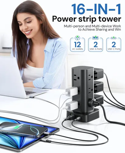 Vista 2 de Regleta de alimentación de torre con protector de sobretensiones, 12 salidas de CA y 4 puertos USB (2 USB-C), cable de extensión de 6 pies, torre