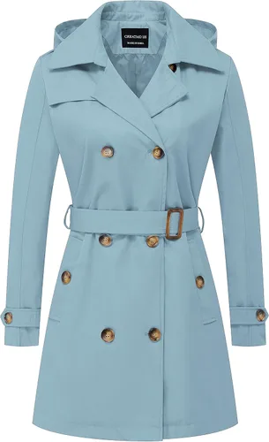 Vista 27 de CREATMO US Gabardina para mujer con doble botonadura clásica con solapa, con cinturón y capucha desmontable Albaricoque