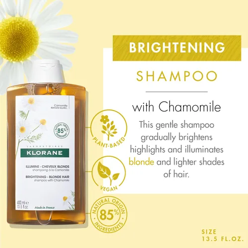 Vista 2 de Klorane Champú iluminador con manzanilla – Mejora los reflejos e ilumina el cabello rubio – Peróxido de hidrógeno, amoníaco, silicona, parabenos