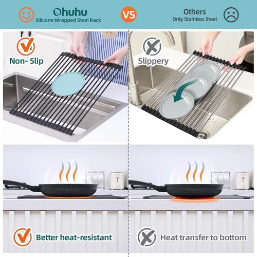 Vista 4 de Ohuhu Escurreplatos Enrollables, 16.5" L x 13" A Escurridor de Platos Sobre el Fregadero Estante de Secado Organizador de Fregadero de Cocina
