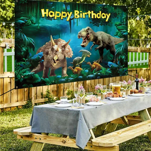 Vista 2 de Renaiss Cartel de feliz cumpleaños de 6 x 3.6 pies, decoración de fiesta de dinosaurios, jurásico, cretácico, selva, loca, aventura, fondo