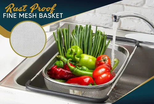 Vista 3 de Colador sobre el fregadero para cocina, cesta coladora sobre el fregadero de 6 cuartos de galón con asas ergonómicas extensibles y pies de apoyo