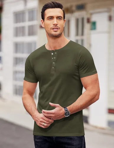 Vista 3 de COOFANDY Camisas Muscle Henley para hombre, paquete de 2 unidades, de manga corta, básicas, a la moda