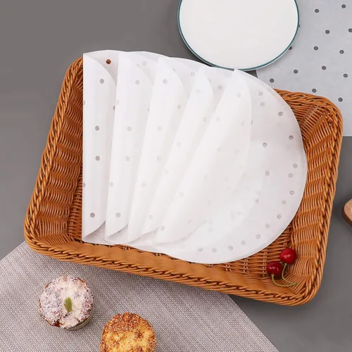Vista 3 de Beasea Papel pergamino para freidora de aire de 11 pulgadas, 200 piezas de papel pergamino perforado blanco desechable para freidora de aire y cesta