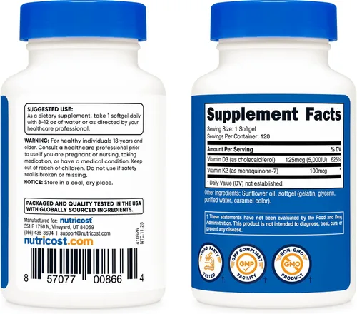 Vista 4 de Nutricost Vitamina K2 (MK7) (100mcg) + Vitamina D3 (5,000 UI) 120 Cápsulas Blandas - Sin Gluten y Sin OMG