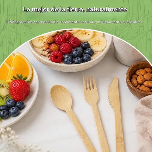 Vista 7 de Juego de cubiertos 100% de bambú - Juego de 100 cubiertos compostables
