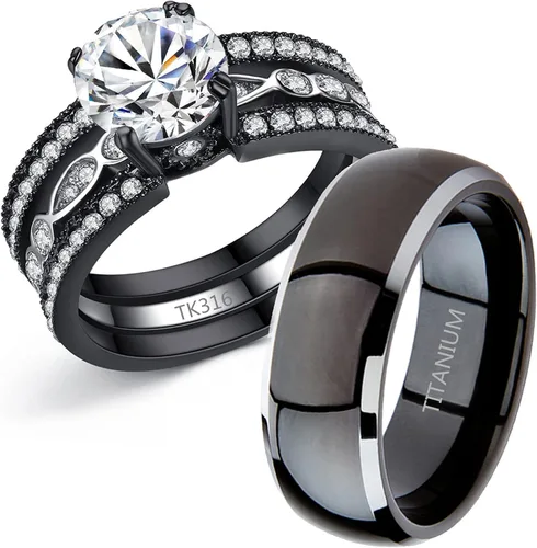 Vista 6 de Anillos de compromiso a juego para parejas; diseño titanio y acero inoxidable con circonia cúbica, de Mabella