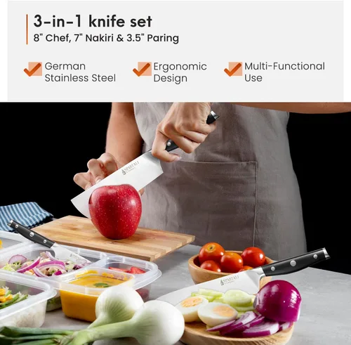 Vista 2 de Juego de cuchillos de cocina de 3 piezas, incluye cuchillo de chef de 8 pulgadas, Nakiri de 7 pulgadas, pelado de 3.5 pulgadas, cuchillas de acero