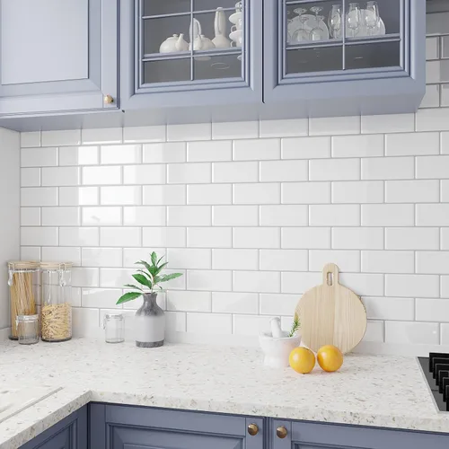Vista 2 de VEELIKE 12 hojas de azulejos blancos para salpicaduras de cocina, azulejos blancos de metro con lechada plateada de 12 x 12 pulgadas, extraíble