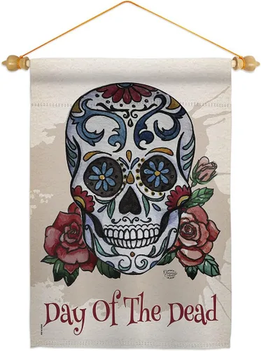Vista 7 de Bandera de arpillera para jardín del Día de los Muertos, fiesta mexicana, otoño, pequeño regalo, decoración para patio, casa, de doble cara