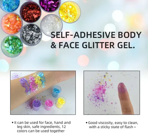 Vista 5 de 12 colores de purpurina gruesa para la cara, sin pegamento, cosmética para el cuerpo, uñas, ojos, arte del cabello, vaso de resina holográfica