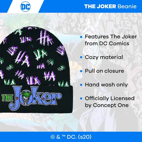 Vista 6 de Concept One Dc Comics The Joker Beanie Hat, Knitted Cuffed Winter Skull Cap