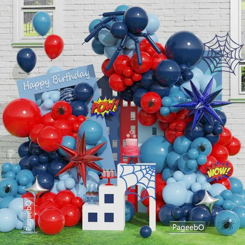 Vista 8 de PageebO Arco de globos con temática de araña, 153 globos con estampado de telaraña rosa, morado, azul, con explosión, globos de papel de aluminio