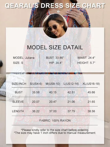 Vista 6 de Qearal Vestido corto de verano para mujer, estilo casual, cuello en V, manga 34, estampado floral, estilo bohemio, suelto, corto, para playa