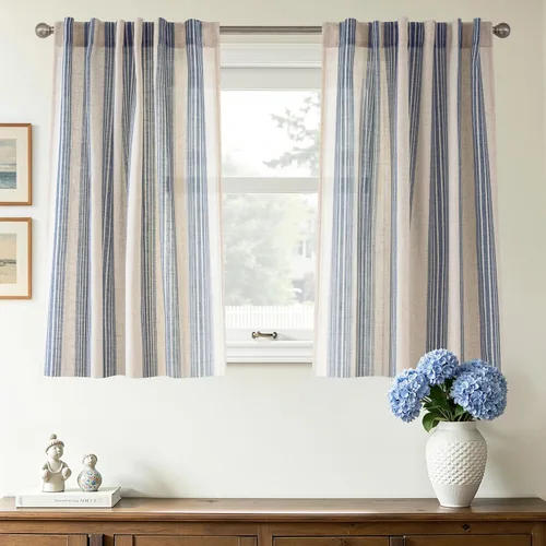 Vista 123 de DriftAway Cortinas de estilo granja con rayas verticales de lino mezclado texturizado con filtro de luz semitransparente para sala de estar