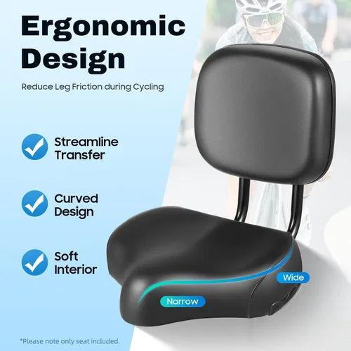 Vista 2 de Asiento de bicicleta con respaldo de gran tamaño, cómodo, repuesto de silla de montar de bicicleta, espuma viscoelástica suave, acolchado de piel
