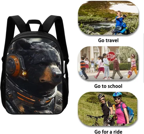Vista 4 de AmzPrint Mochila negra para niños y niñas de 17 pulgadas con estampado de animales, ligera, mochila escolar para estudiantes, Oso, Classic